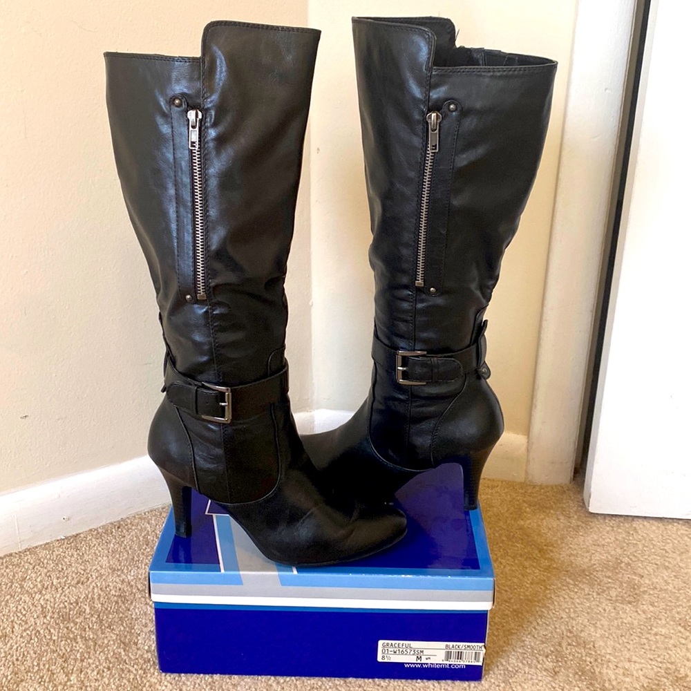 Knee high, heeled faux leather